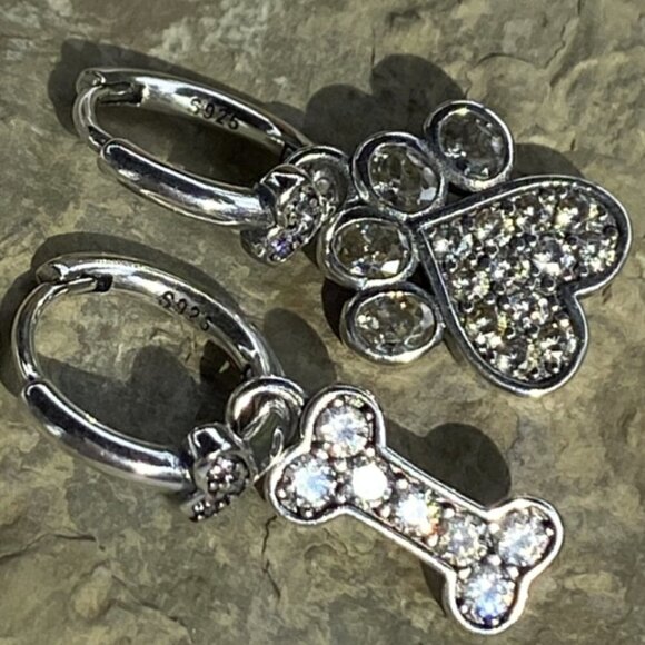 Sterling Silver Paw Print and Bone with Cubic Zirconia Stones Earrings - Picture 4 of 5